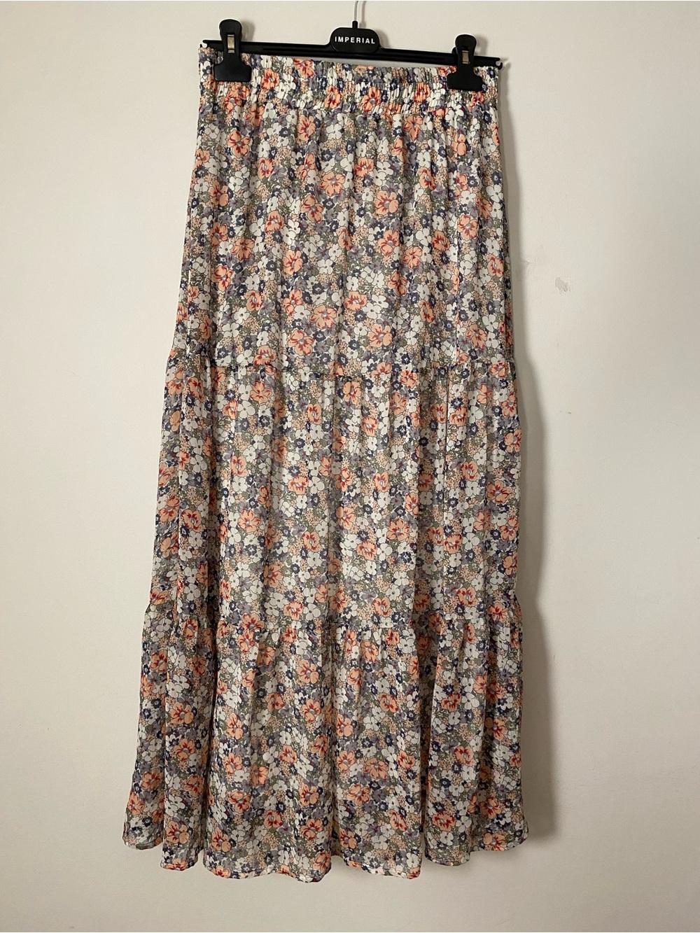 Imperial Floral Tiered Maxi Skirt in Cream & Coral